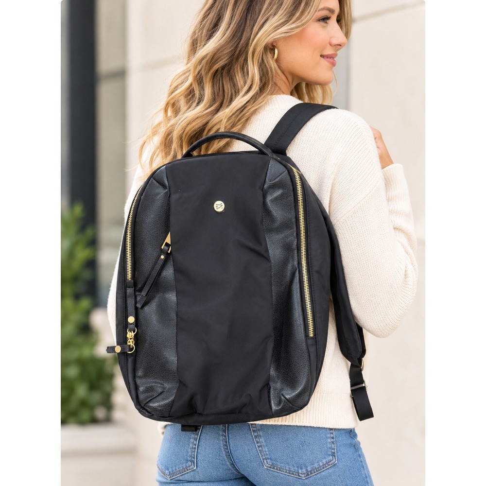 Travanti Black Nylon Pebbled Faux Leather Backpack Gold Hardware Red Lining